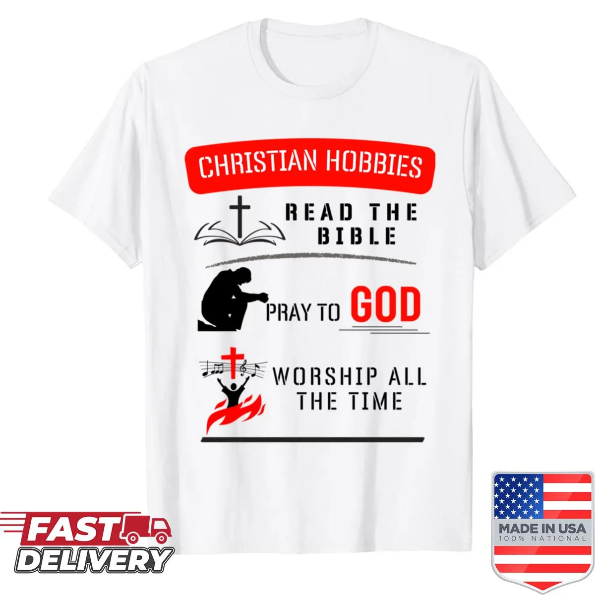 Hand-lettered design celebrating Christian hobbies on a t-shirt