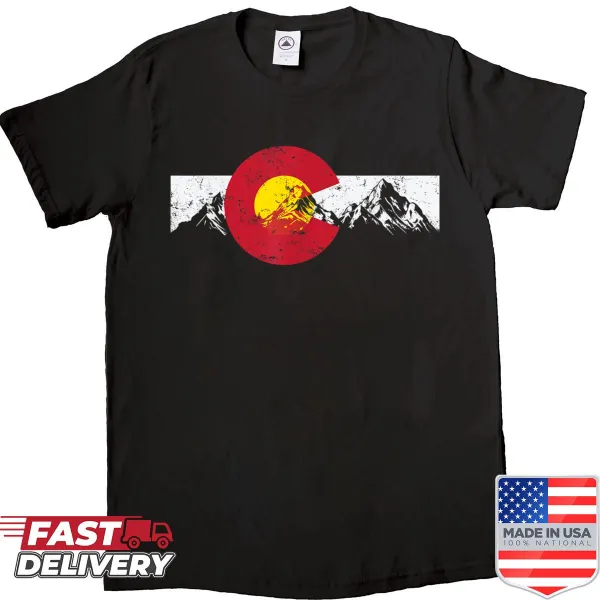 Vintage-style Colorado flag and mountain graphic shirt