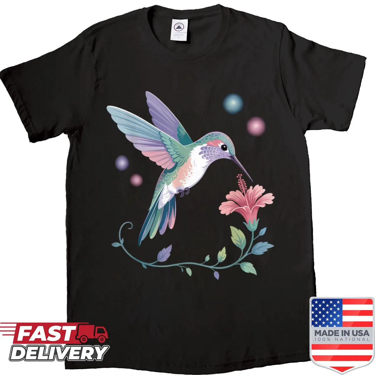 Cute hummingbird design on a nature-themed shirt