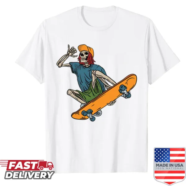 Skeleton on skateboard graphic for a humorous t-shirt design.
