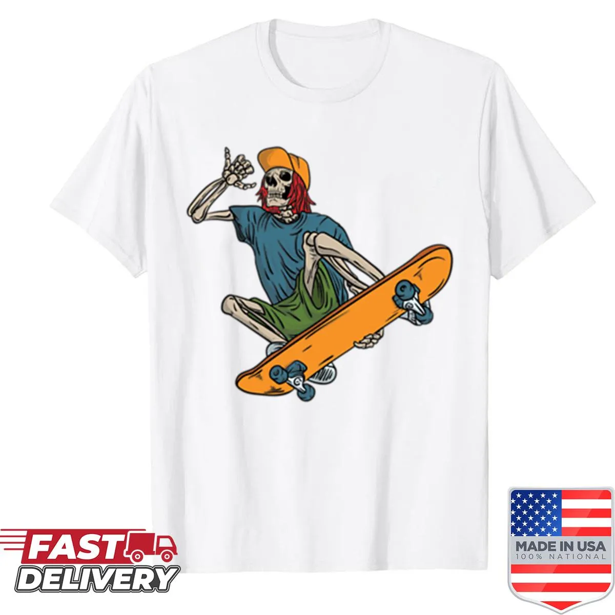 Skeleton on skateboard graphic for a humorous t-shirt design.
