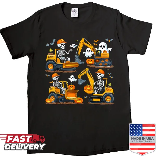 Cartoon excavator ghost graphic on a Halloween shirt