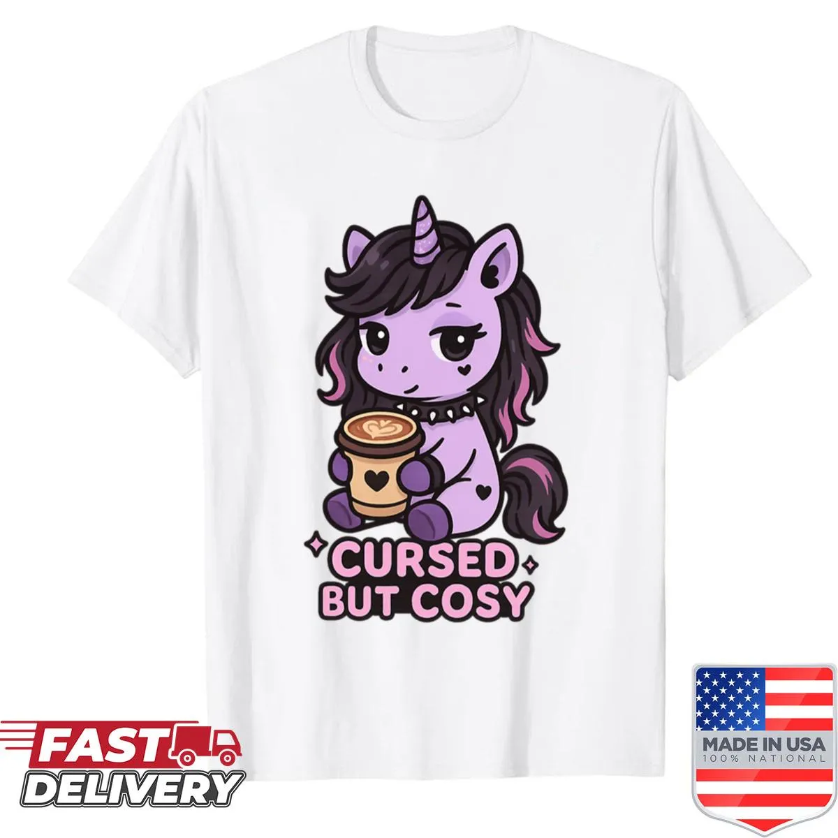 Gothic unicorn illustration with a latte on a shirt for whimsical wearers.