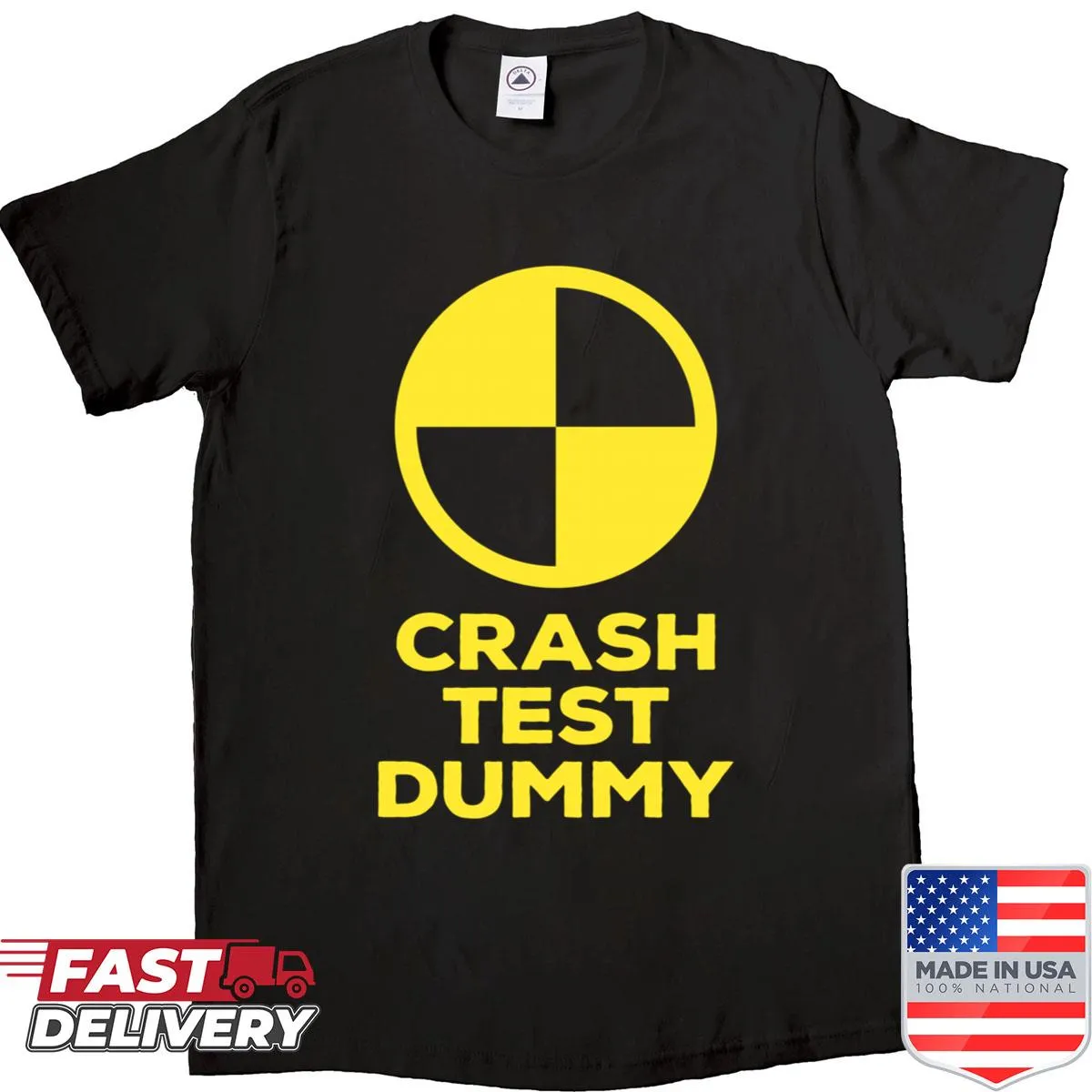Humorous crash test dummy design on a t-shirt for adults and kids