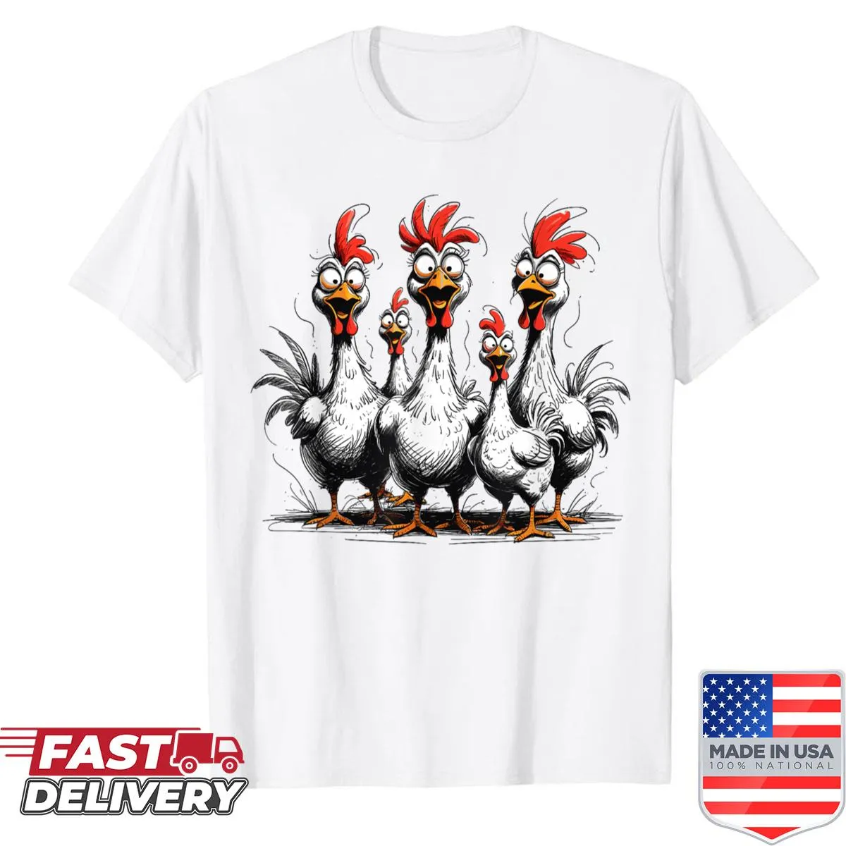 Funny cartoon chicken graphic on a farm-themed shirt