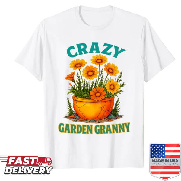 Vintage-style shirt featuring whimsical gardening graphics for grandmas