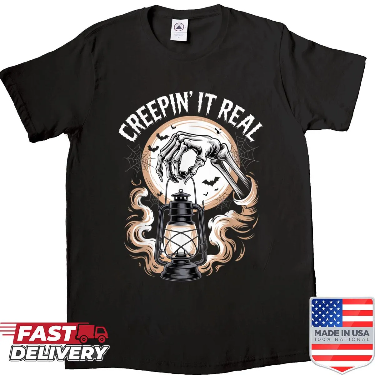 Gothic Halloween shirt featuring a skeleton hand with a lantern and spooky text
