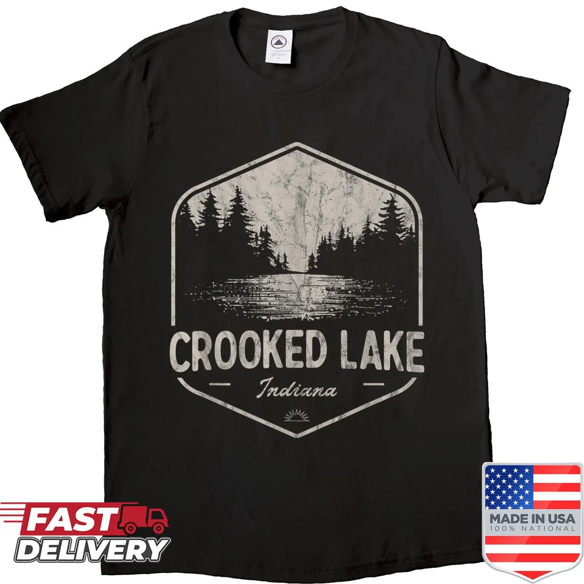 Vintage shirt featuring Crooked Lake Indiana outdoor scenes.