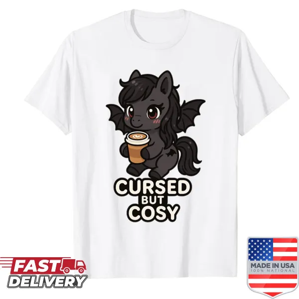 Illustrated pegasus design on a cozy shirt with a latte theme
