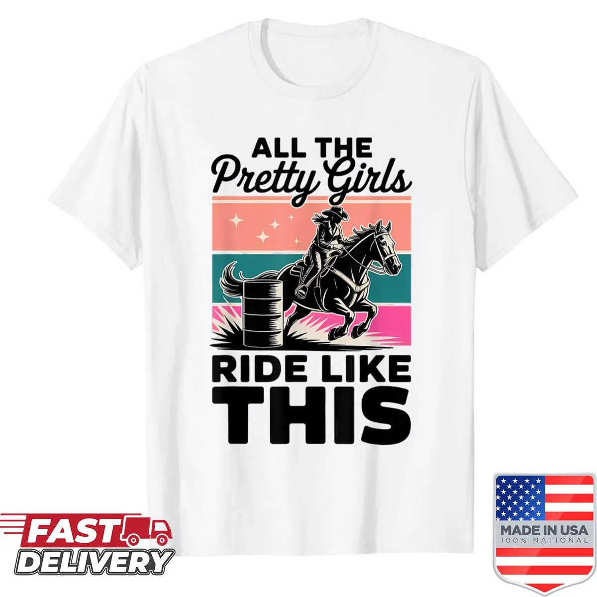 Illustration of a barrel racing horse on a fun rodeo shirt.