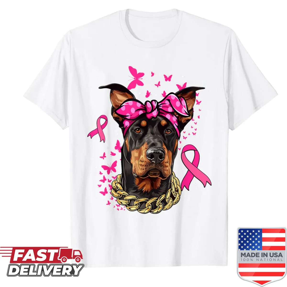 Doberman Pinscher graphic with pink ribbon for breast cancer awareness