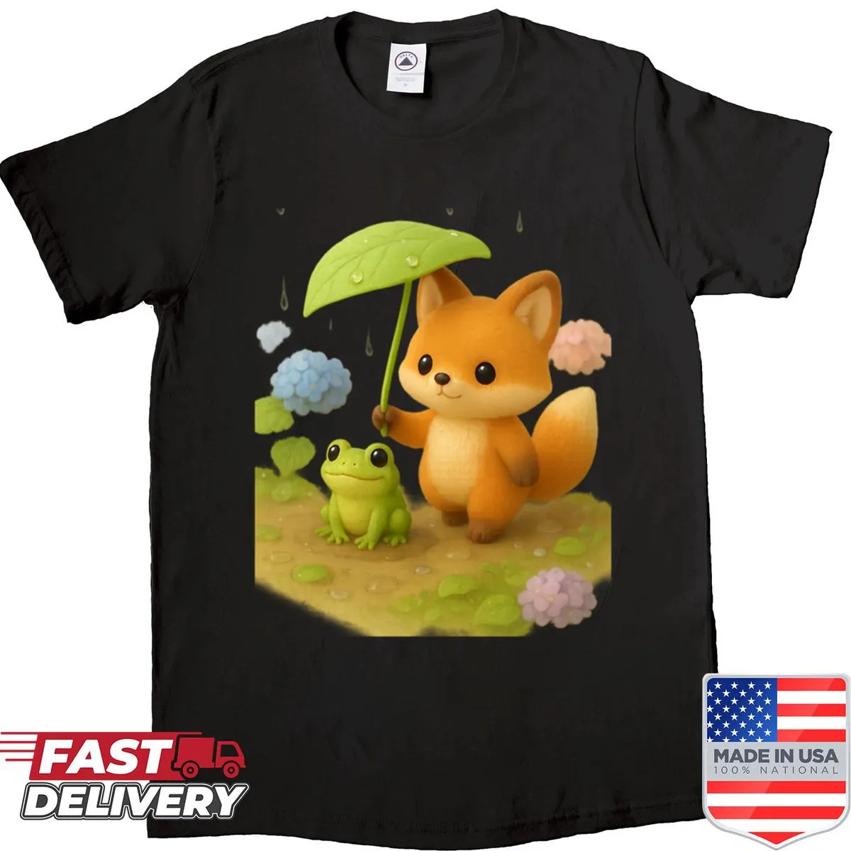 Kawaii fox and frog illustration on a shirt