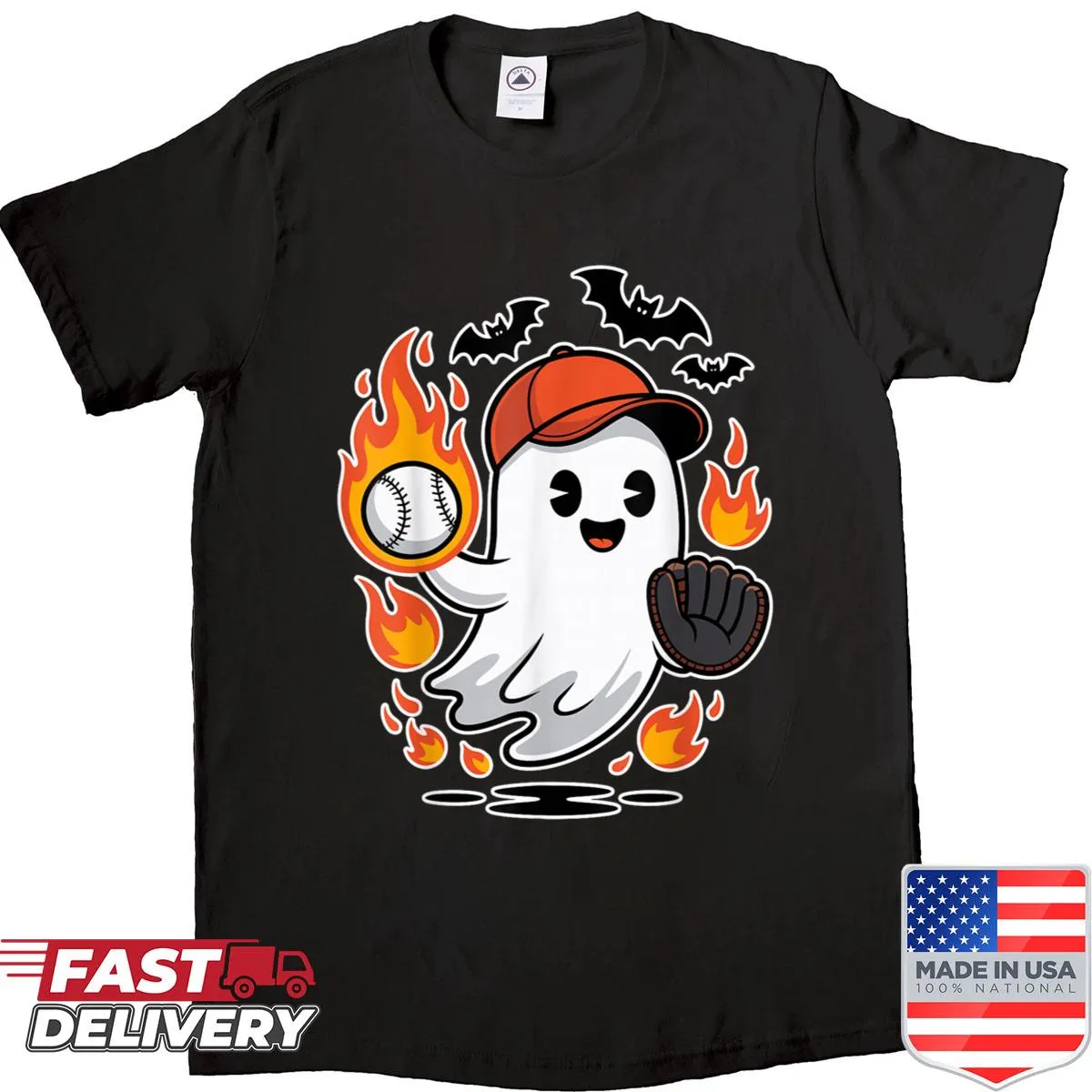 Cartoon ghost in baseball costume graphic T-shirt for Halloween