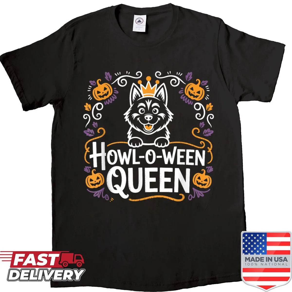 Charming graphic of a puppy in a crown on a Halloween-themed shirt.