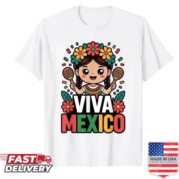 Kawaii illustration of a Mexican girl with the phrase 'Viva Mexico' on a shirt
