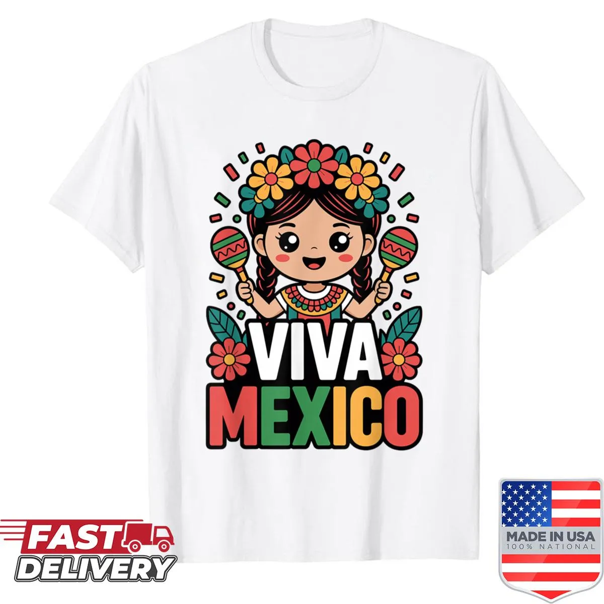 Kawaii illustration of a Mexican girl with the phrase 'Viva Mexico' on a shirt