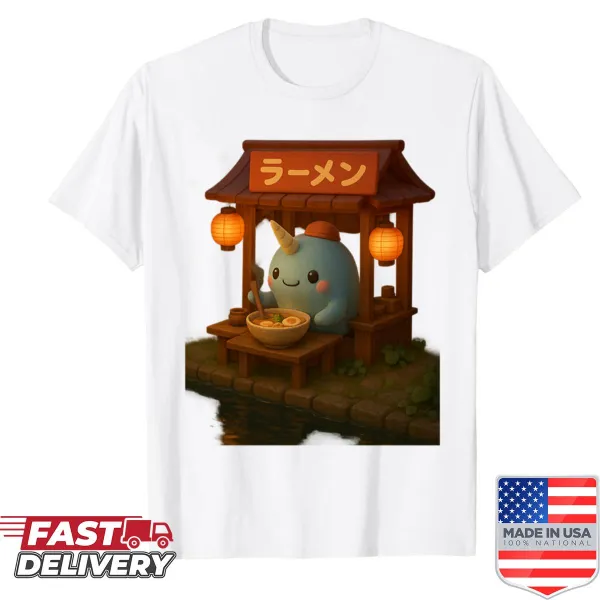 Kawaii shirt with narwhal and ramen design