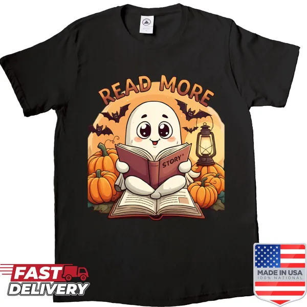 Cute ghost illustration promoting reading with books