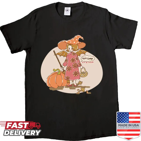Whimsical Halloween-themed shirt featuring a cute witch design