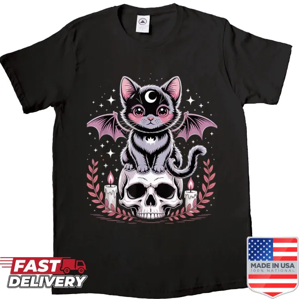 Cat illustration on a skull graphic t-shirt