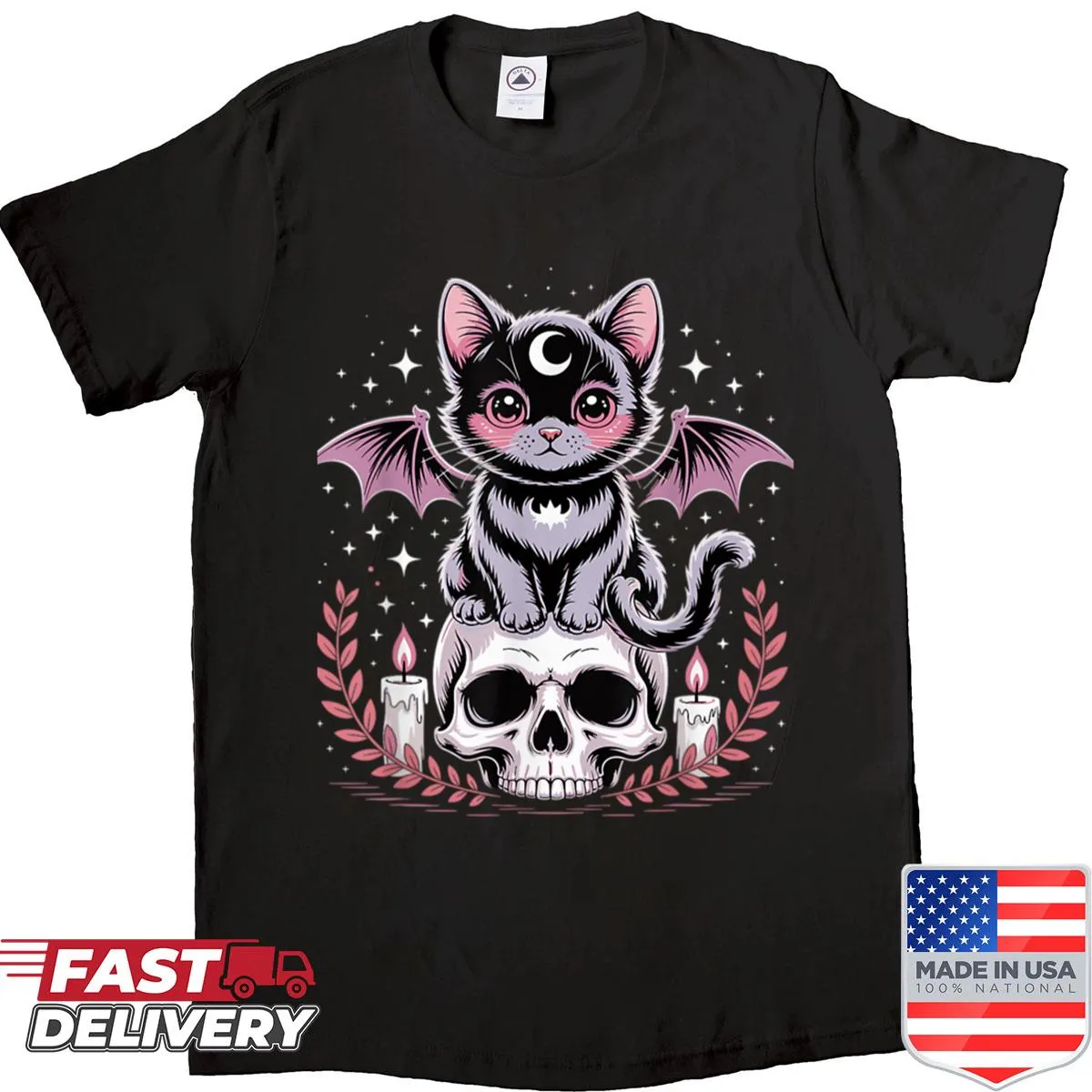 Cat illustration on a skull graphic t-shirt