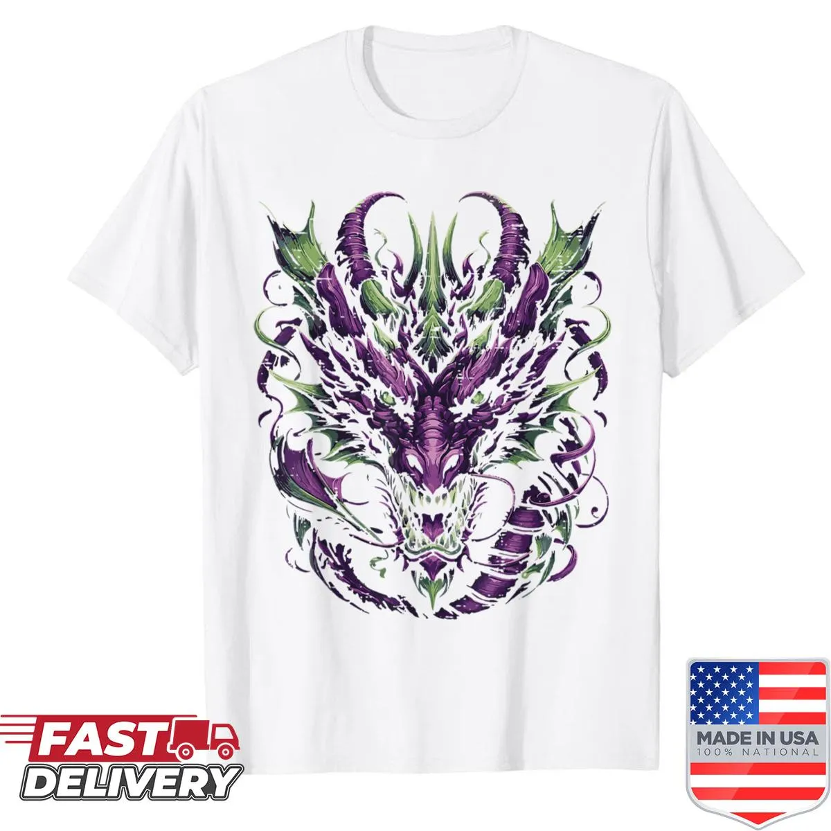 Bold dragon head graphic shirt in dark purple with gothic elements