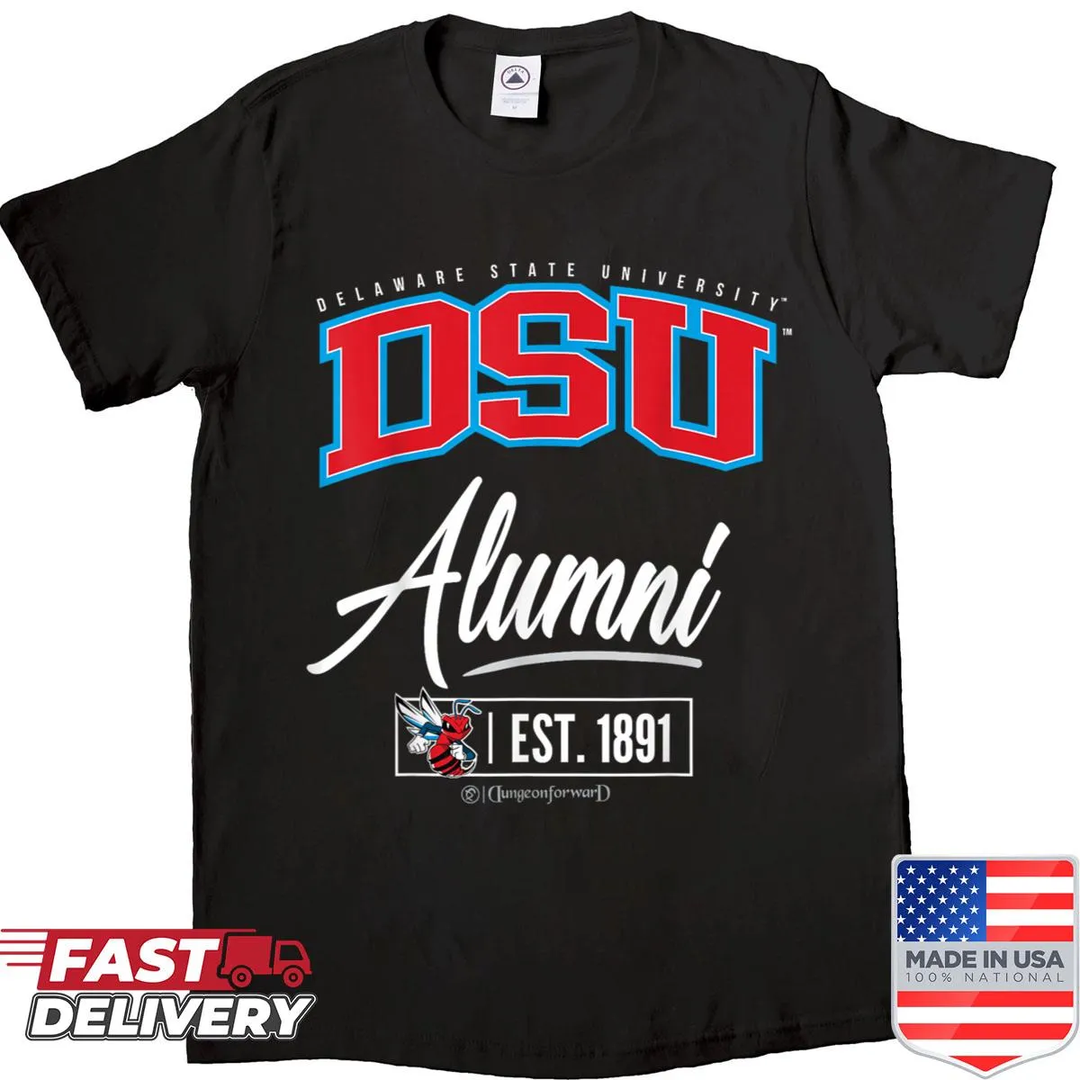 Delaware State University emblem featured on a proud alumni shirt.
