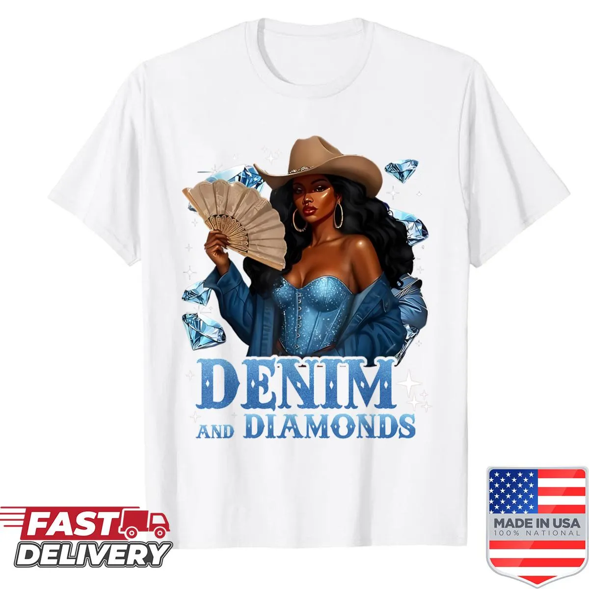 Illustrated shirt depicting melanin cowgirls in denim and diamonds