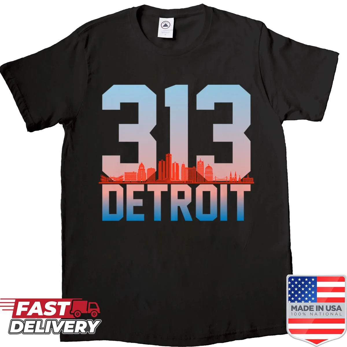 Vintage-style shirt featuring Detroit skyline and 313 area code