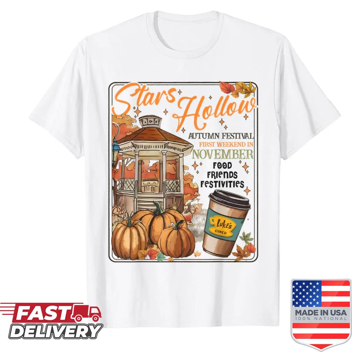 Illustrative tee of Dragonfly Inn Hollow with autumn stars