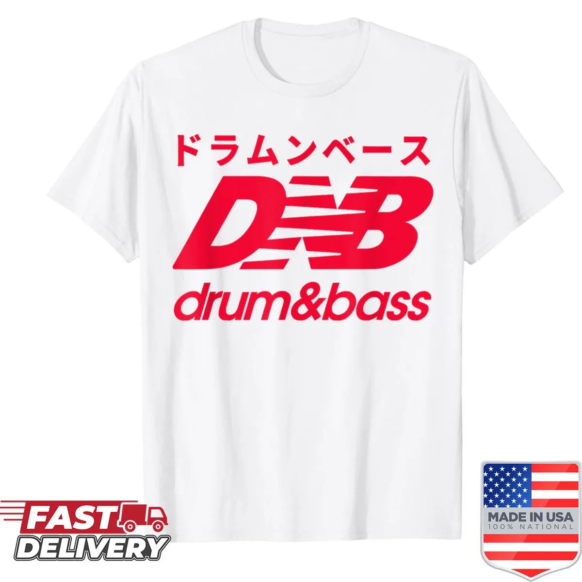 Vintage Japanese electronic music design on a drum and bass themed t-shirt.