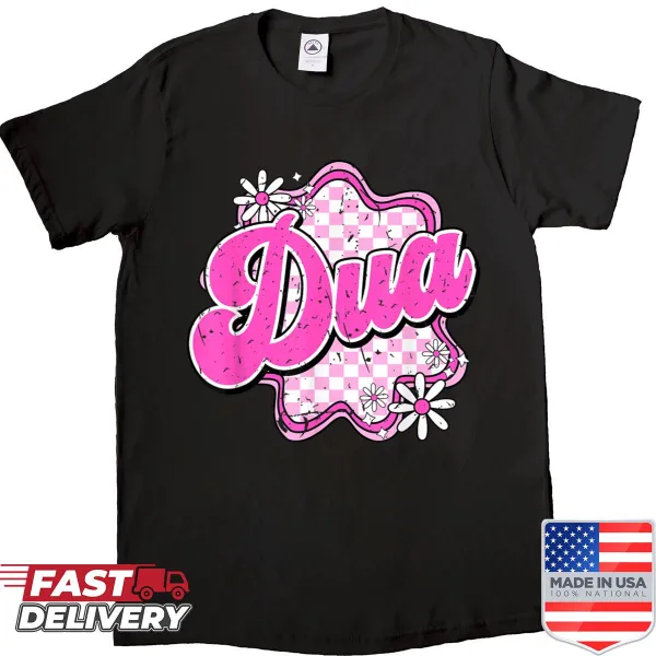 Vintage-themed shirt with checkered and floral designs celebrating Dua.