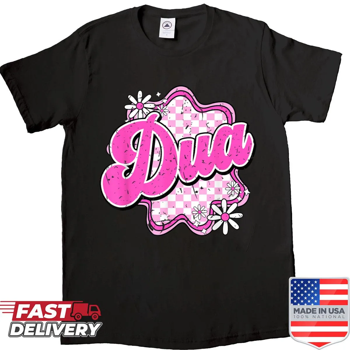 Vintage-themed shirt with checkered and floral designs celebrating Dua.