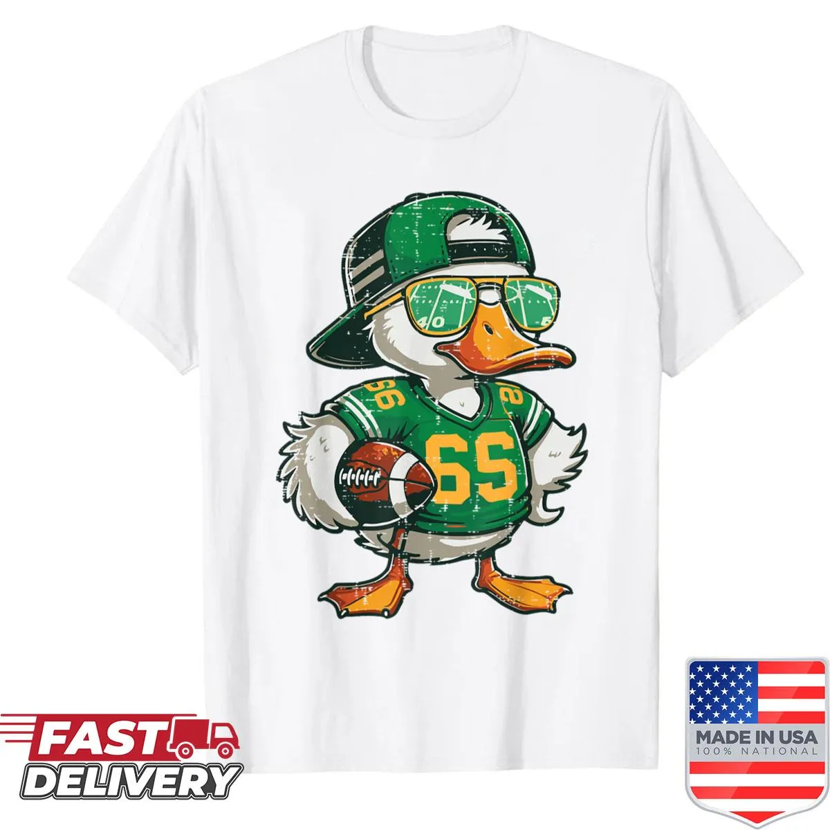 Duck wearing sunglasses graphic on an American Football themed t-shirt