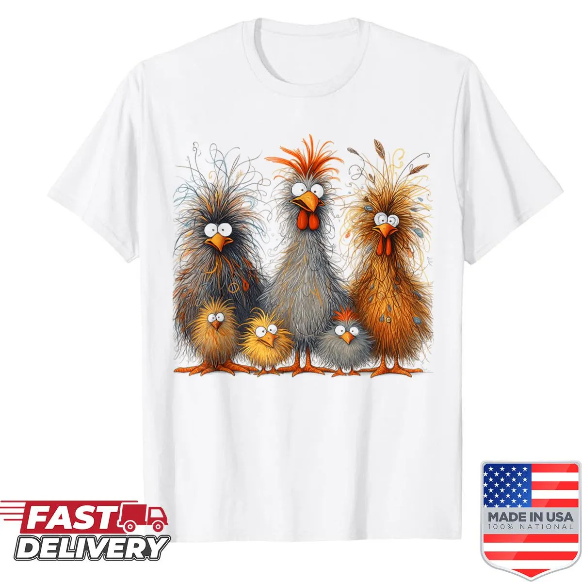 Funny shirt featuring whimsical chickens in various poses