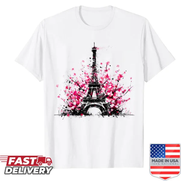 Vintage Paris souvenir tee with Eiffel Tower and cherry blossoms