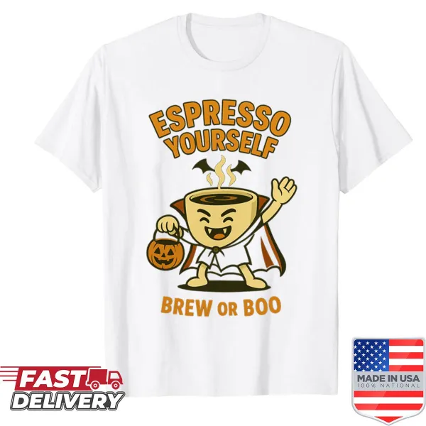 Playful coffee-themed shirt with 'Espresso Yourself' slogan