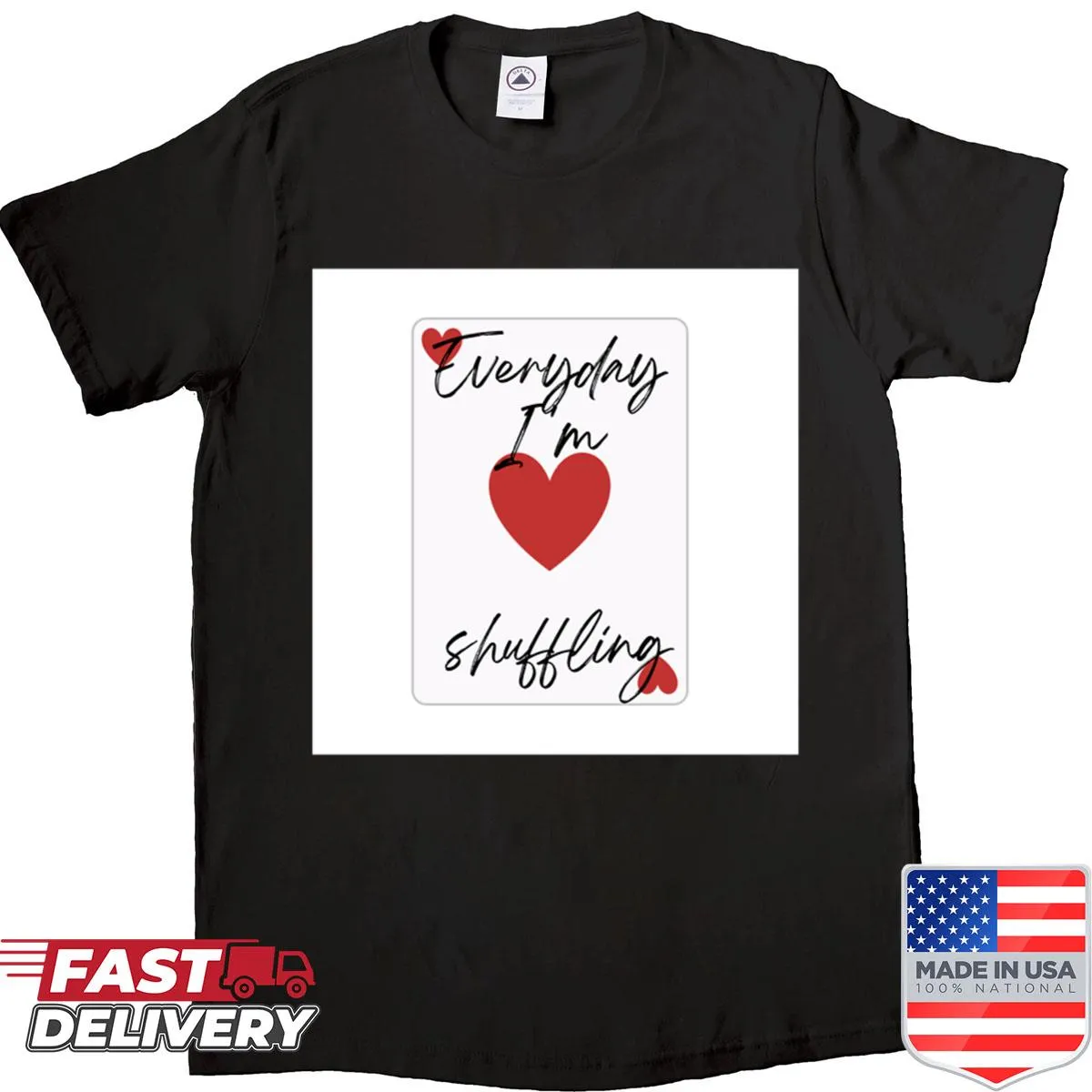 Shirt with playful text 'Every Day I'm Shuffling' inspired by dance culture