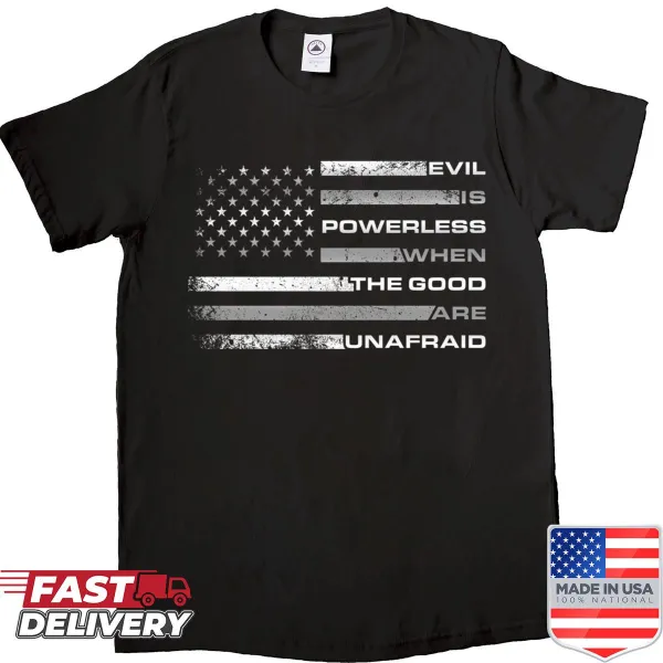 American flag shirt with inspirational text about courage.