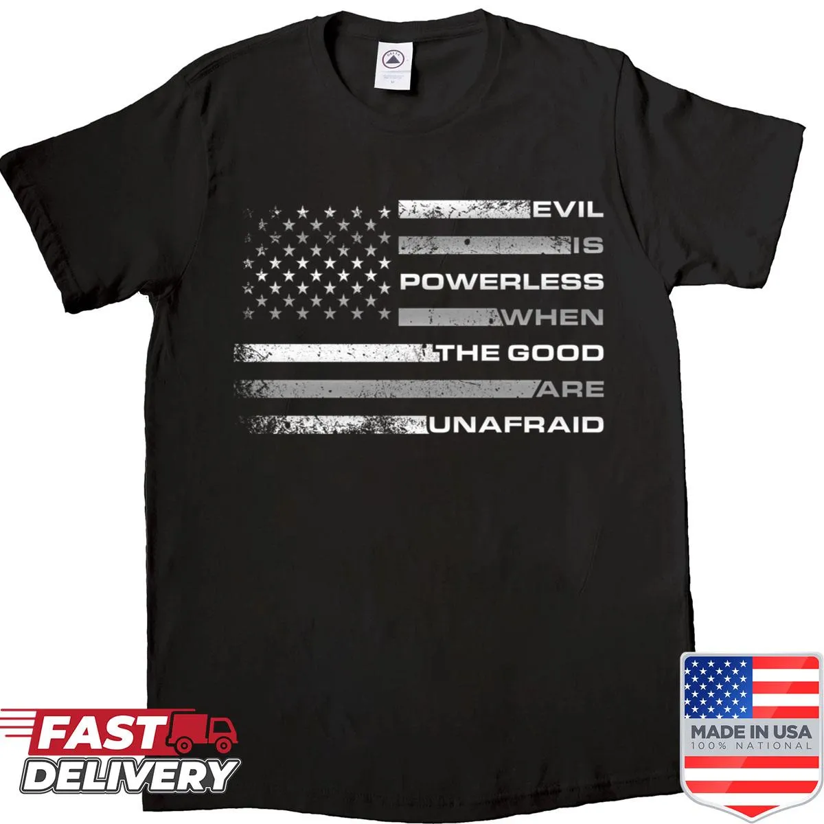 American flag shirt with inspirational text about courage.