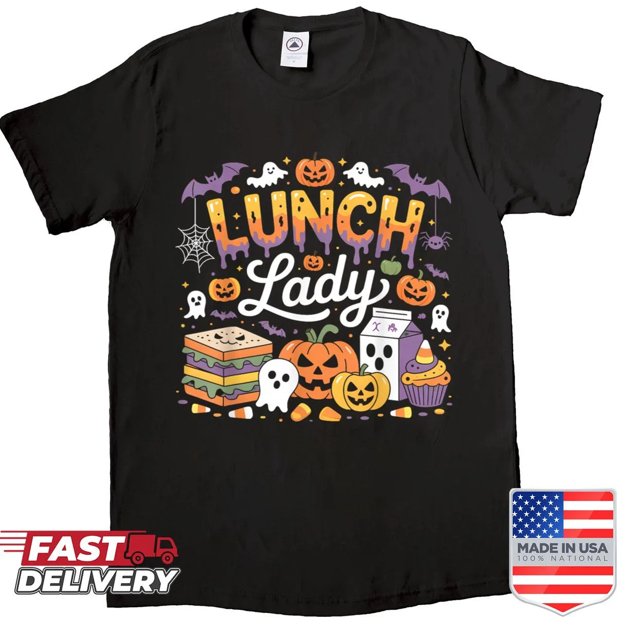 Funny Halloween shirt featuring a lunch lady ghost and pumpkins