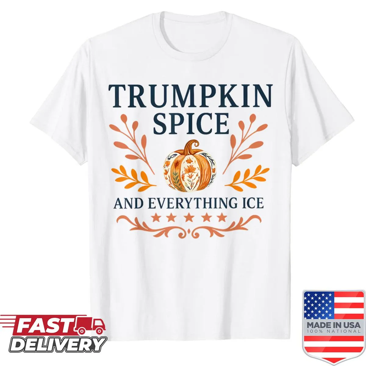 Whimsical fall-themed shirt featuring Halloween illustrations and pumpkins