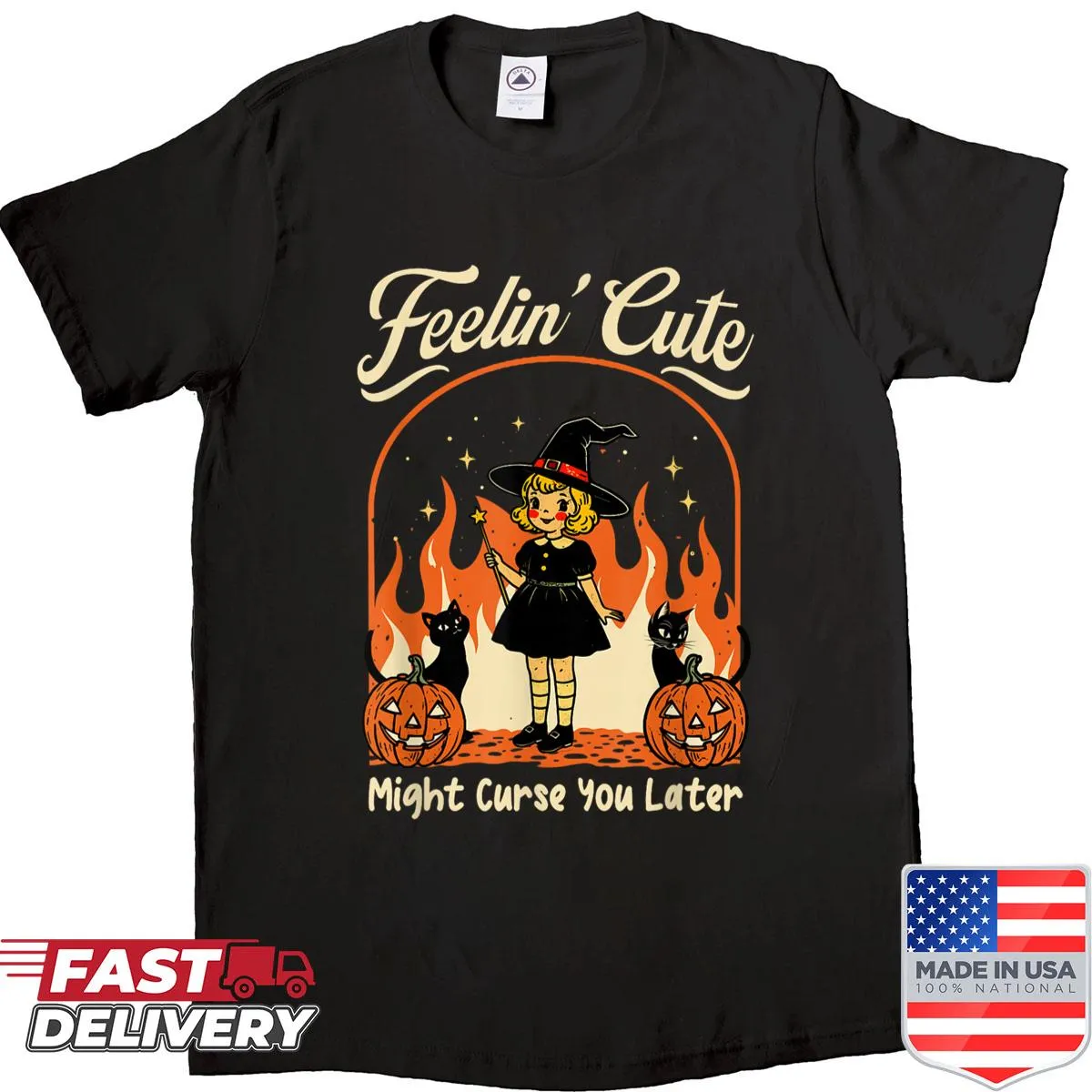 Cute black cat with whimsical Halloween phrase