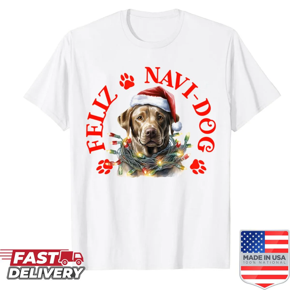 Festive chocolate lab t-shirt with 'Feliz Navi-dog' text