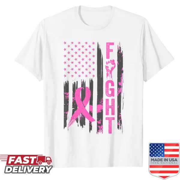 USA flag and pink ribbon graphic for breast cancer awareness
