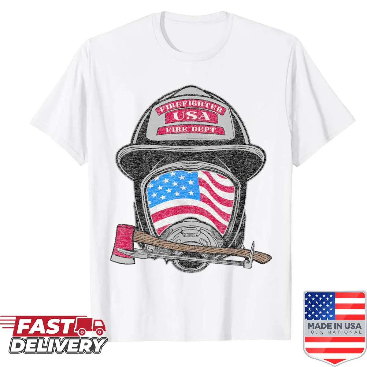 Vintage firefighter shirt with graphic of helmet and American flag