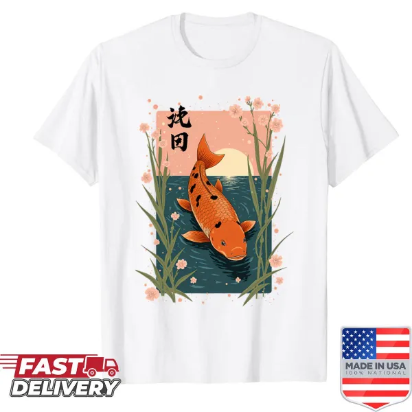 Shirt featuring serene illustration of fish in a Japanese lake