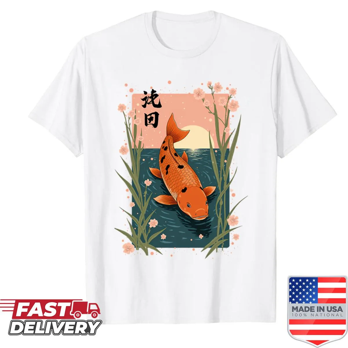 Shirt featuring serene illustration of fish in a Japanese lake
