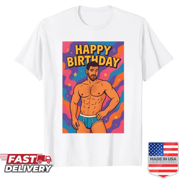 Rainbow psychedelic birthday shirt celebrating flirty gay vibes.