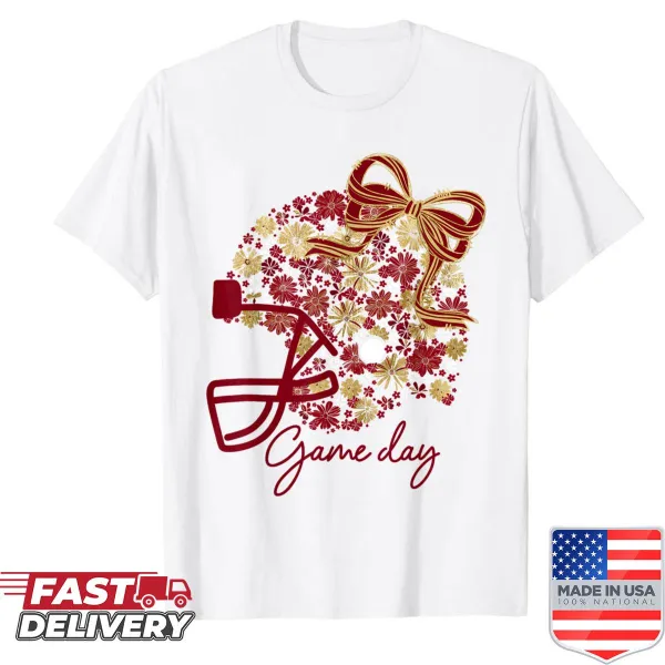 Floral football game day shirt in burgundy and gold
